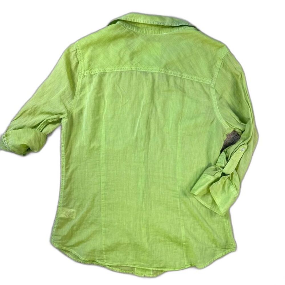 Lime Green Button Up Camp Shirt Lightweight Cotton Blouse Boho Summer Size L - Picture 6 of 6